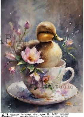 yellow chick in tea cup and pink flowers AB Studio Rice Papers
