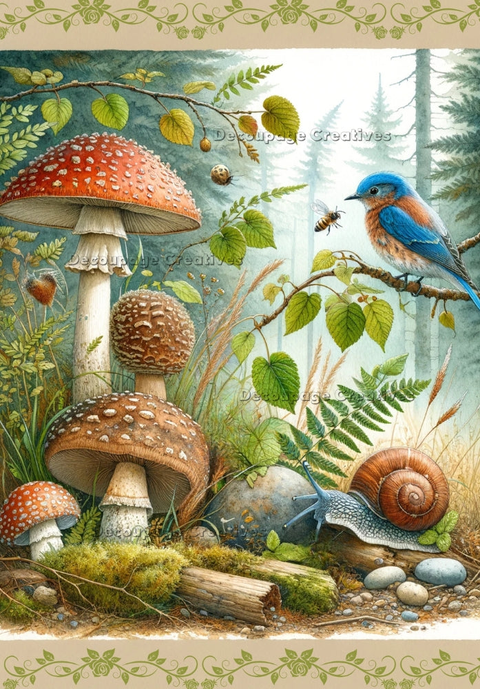 blue birds with bee and mushrooms and snail Decoupage Creatives Rice Paper