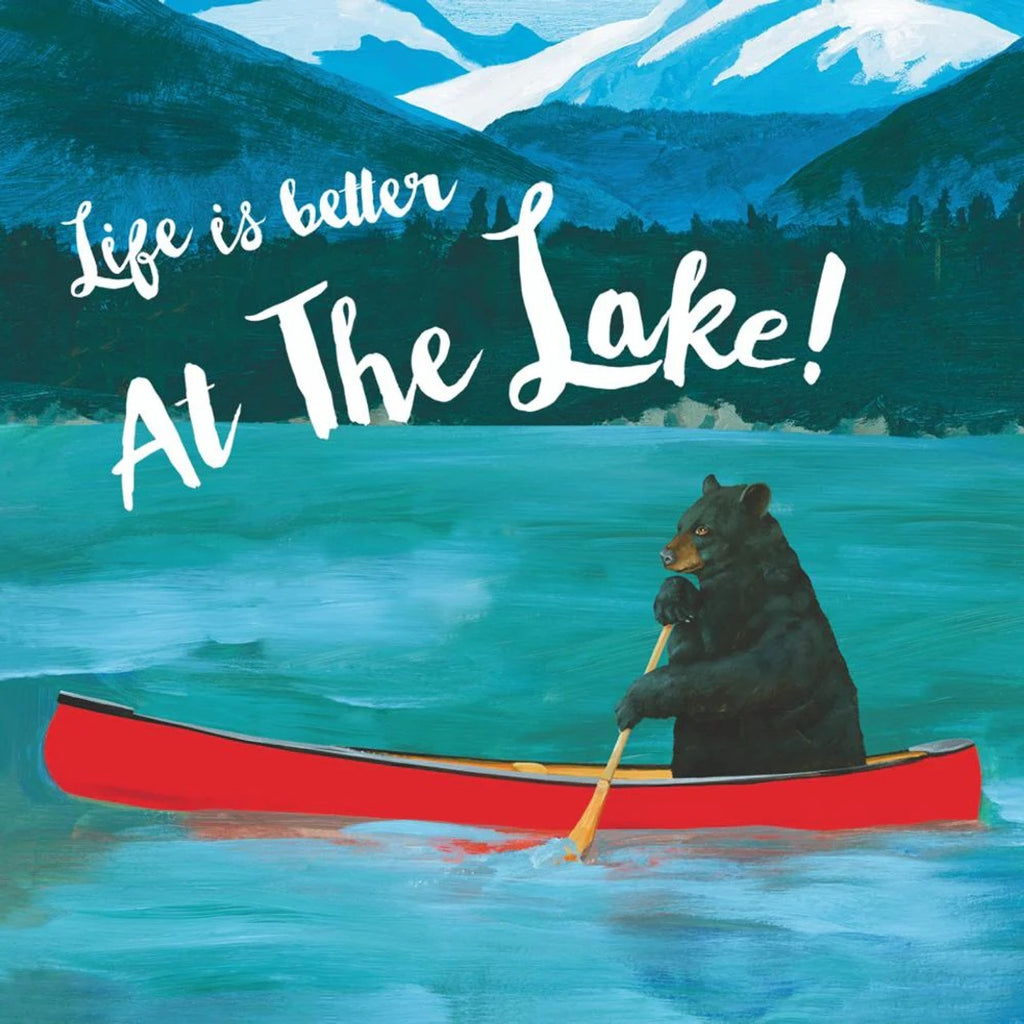 bear rowing  a red canoe in a lake in the mountains with words in white life is better at the lake! Decoupage Napkins