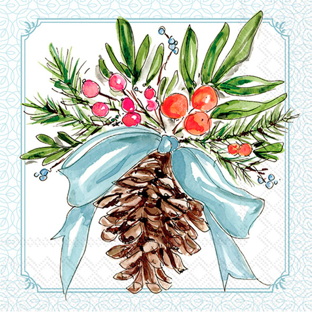 hand drawn pine cone with pine bought and red berries on white with blue boarder Decoupage Napkins