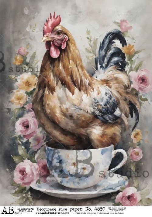 brown hen in tea cup with pink flowers AB Studio Rice Papers