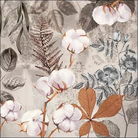 cotton plants with brown leaves on cream Decoupage Napkins