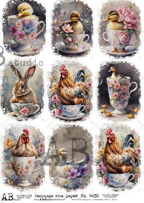 chicks, bunny and colorful rooster in tea cups AB Studio Rice Papers