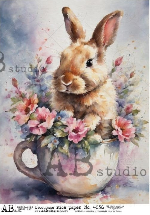 bunny in tea cup with flowers AB Studio Rice Papers