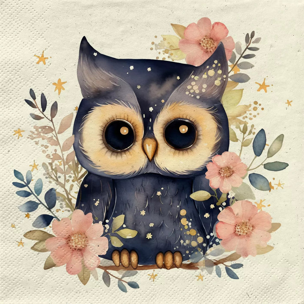 baby owl on branch with pink flowers  Decoupage Napkins