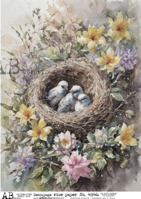 blue chicks in nest in branch with flowers AB Studio Rice Papers