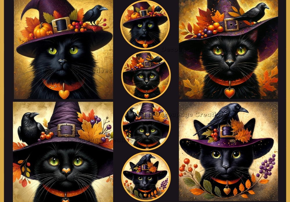 black cats in purple witches hats with  black crows Decoupage Creatives Rice Paper