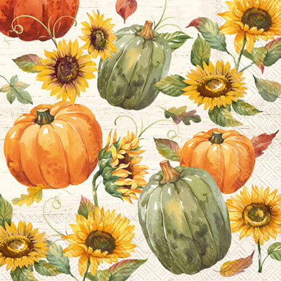 All over pattern of green & orange pumpkins and yellow sunflowers on paper napkin for decoupage.