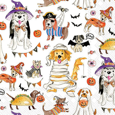 Dogs all-over pattern dressed in halloween costumes, ghosts pirates, bats, witches. On paper napkin for decoupage.