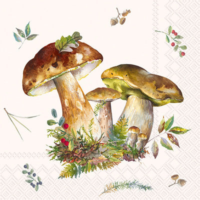 3 fall mushrooms on decoupage napkin.