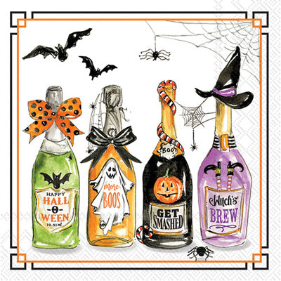 Halloween themed wine bottles with bats, ghosts and witches on decoupage napkin.