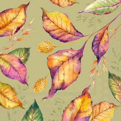 Burgundy orange leaves on olive background Autumn themed paper napkin for decoupage. 