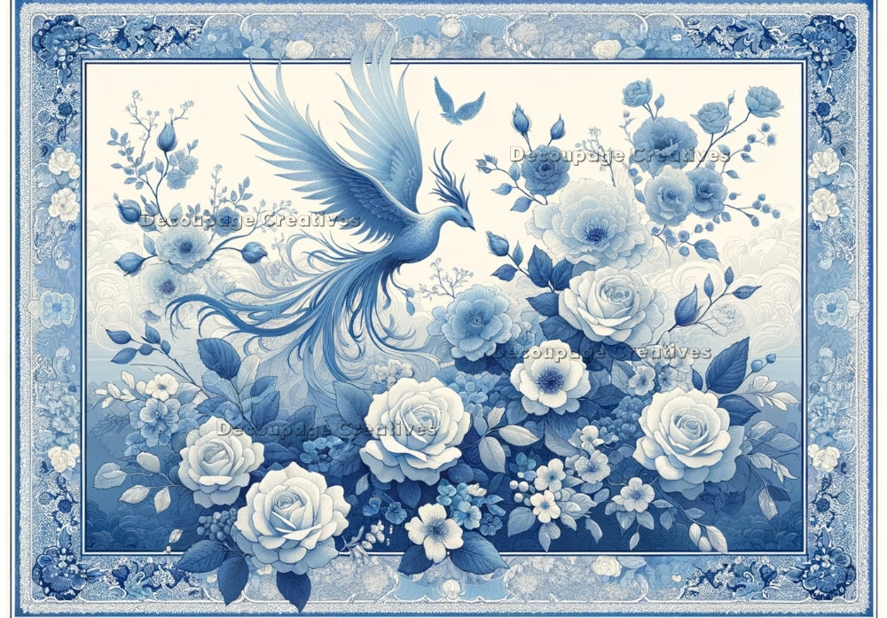 blue toile phoenix with white and blue flowers Decoupage Creatives Rice Paper