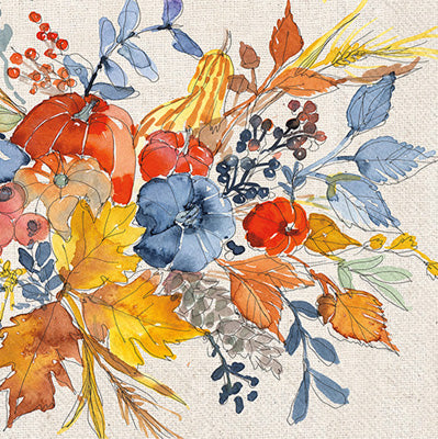 Autumn theme blue red florals with orange leaves on luncheon paper napkin for decoupage.