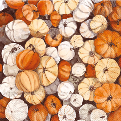 Fall decoupage napkin with all over pumpkin pattern in oranges and white.