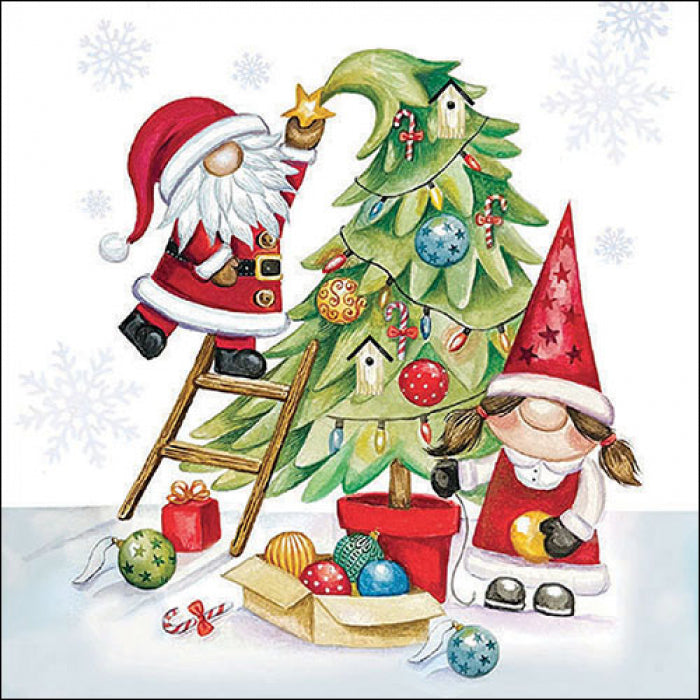 Gnomes wearing red decorating green Christmas tree from DecoupageNapkins.com