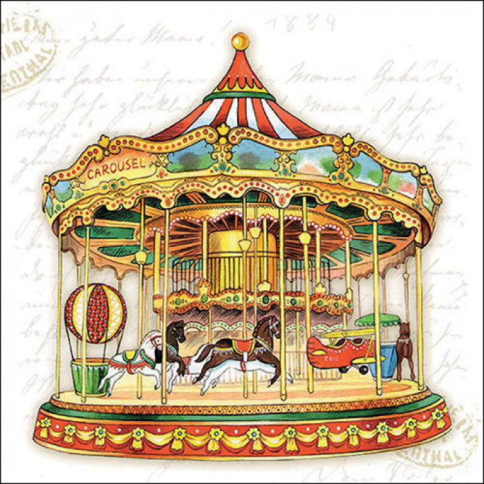 Carousel with horses, plane and hot air balloon on white with script from DecoupageNapkins.com