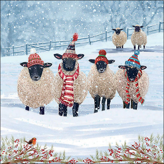 Sheep in red hats and scarves in snow from DecoupageNapkins.com