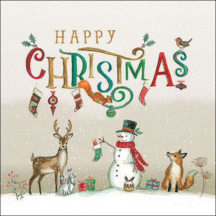 Happy Christmas with deer, snowman and fox