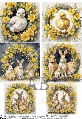yellow chicks and bunnies in yellow flower wreaths AB Studio Rice Papers