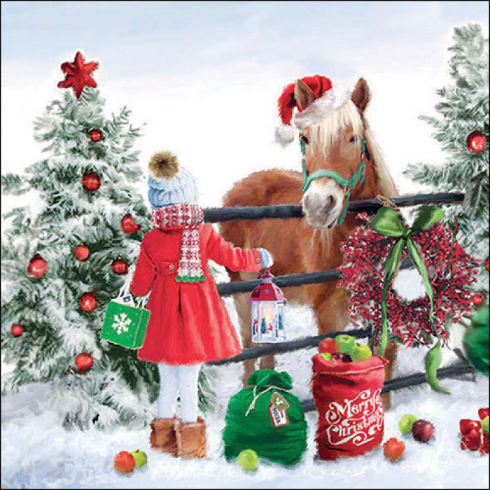 Girl in red coat with horse in Santa hat from DecoupageNapkins.com