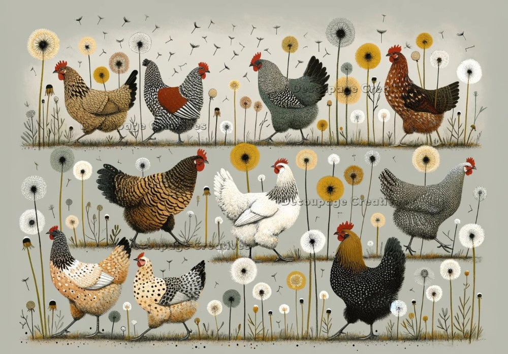 fancy hens strutting in a flower field Decoupage Creatives Rice Paper