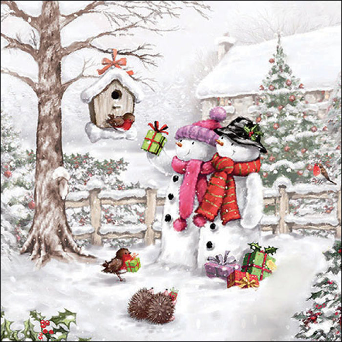 Snowmen wearing red and pink with birds and green presents from DecoupageNapkins.com