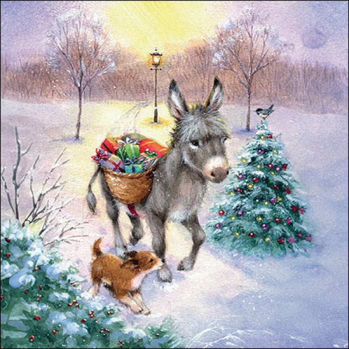 Donkey and puppy in snow carrying green and red presents from DecoupageNapkins.com