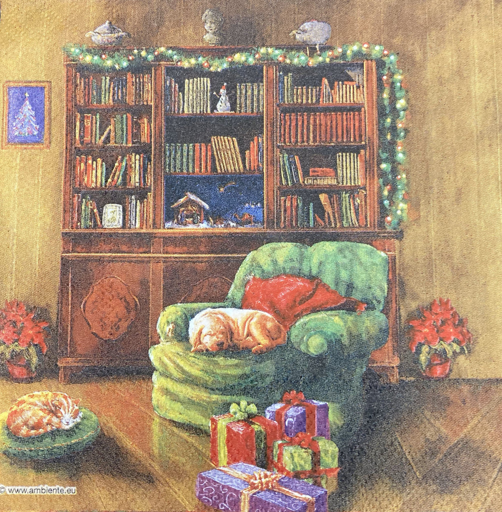 Dog sleeping in green chair with christmas presents