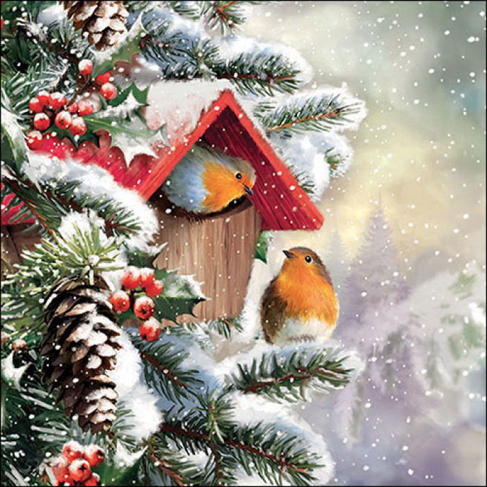 Robins on green branch in red bird house from DecoupageNapkins.com