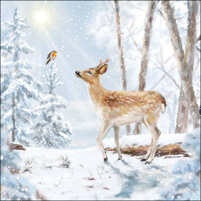 Deer and robin in snowy woods from DecoupageNapkins.com