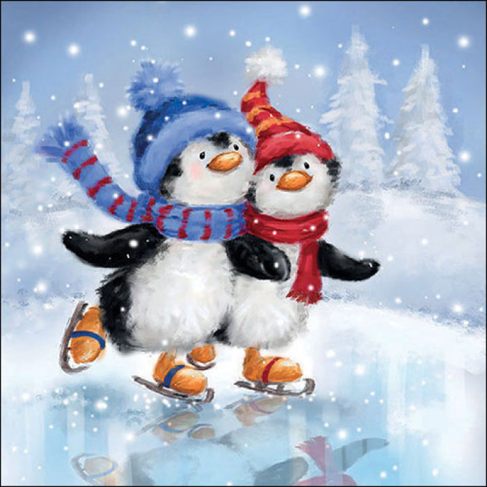 Penguins wearing blue and red in snow ice skating from DecoupageNapkins.com