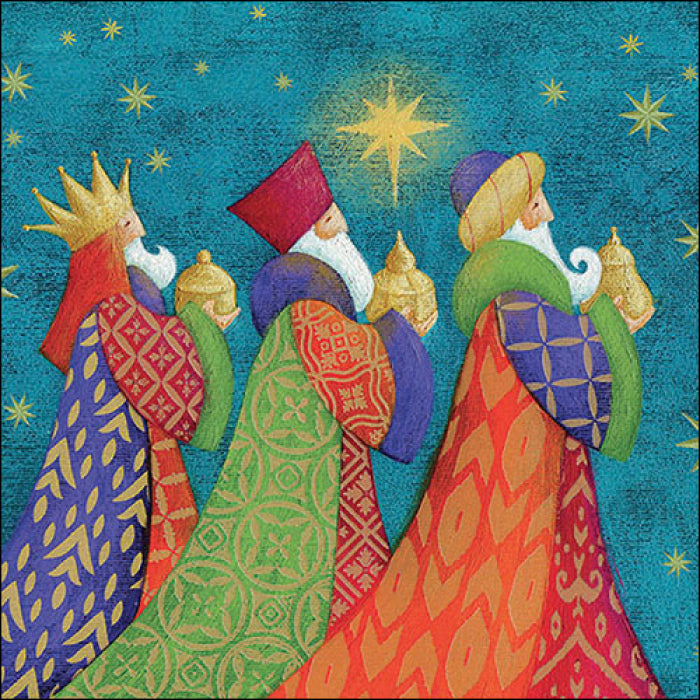 Red, green and purple wise men on blue with stars from DecoupageNapkins.com 