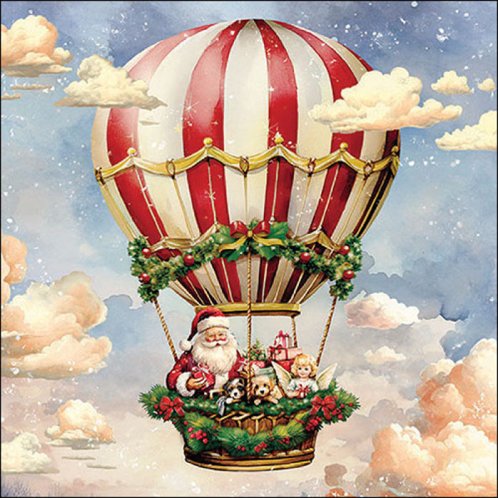 Santa in clouds in red and white hot air balloon from DecoupageNapkins.com