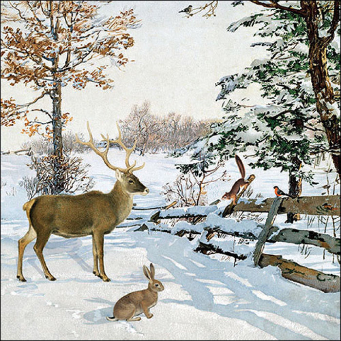 Deer and rabbit in snow with fence from DecoupageNapkins.com