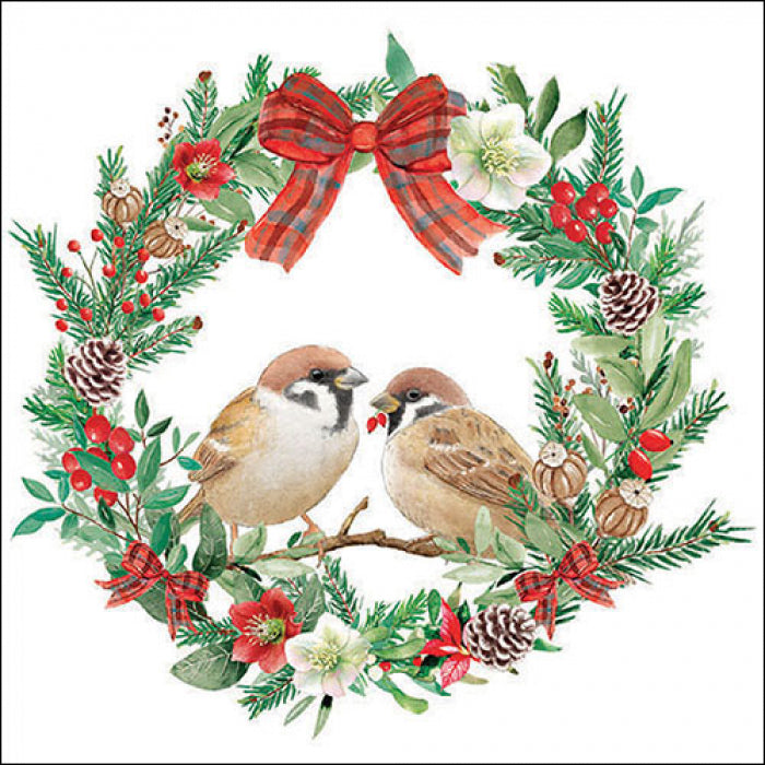 Brown birds in green and red wreath from DecoupageNapkins.com