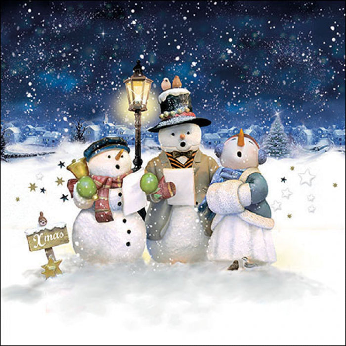 Singing snowmen at night in snow from DecoupageNapkins.com