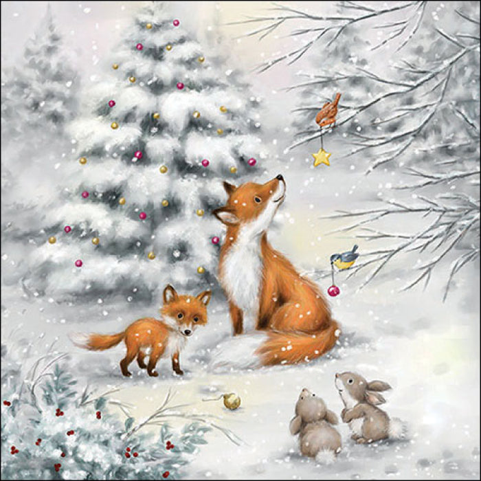 Foxes, birds and rabbits in trees with snow from DecoupageNapkins.com