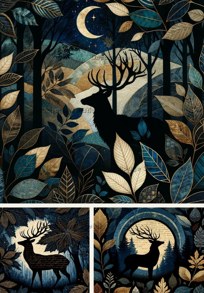 deer silhouette in an autumn forest at night with a crescent moon Decoupage Creatives Rice Paper