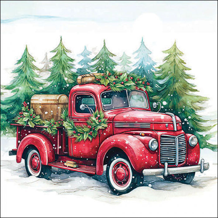 Red truck with green trees and snow from DecoupageNapkins.com