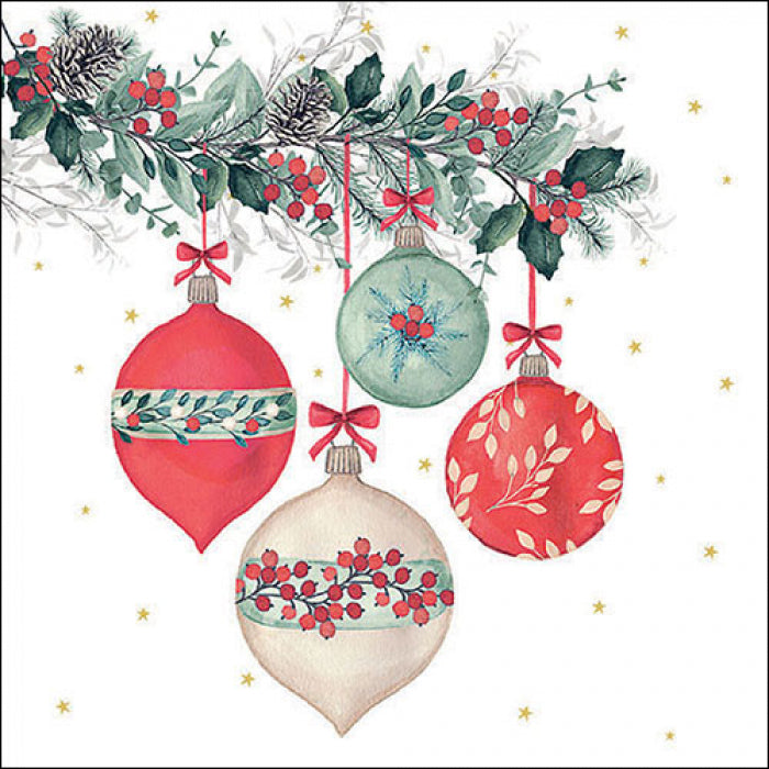 Red, green and white ornaments on green branch from DecoupageNapkins.com