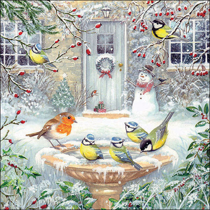 Robin and yellow and blue birds on snowy birdbath from DecoupageNapkins.com