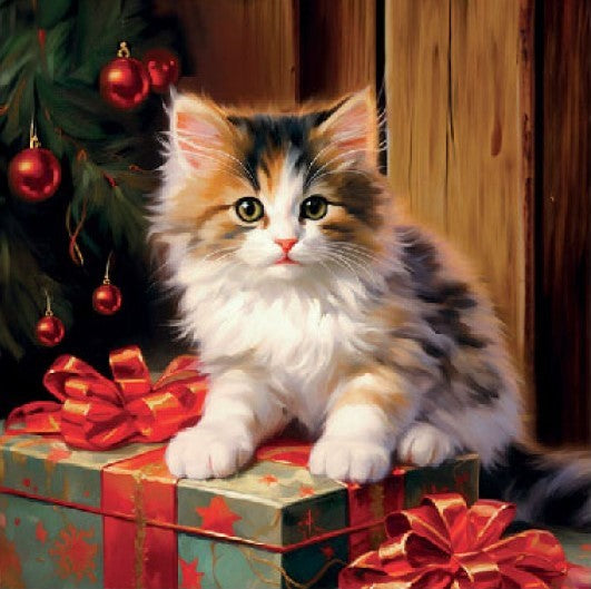 Kitten on green and red present from DecoupageNapkins.com