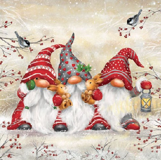 Three gnomes wearing red and grey in snow from DecoupageNapkins.com