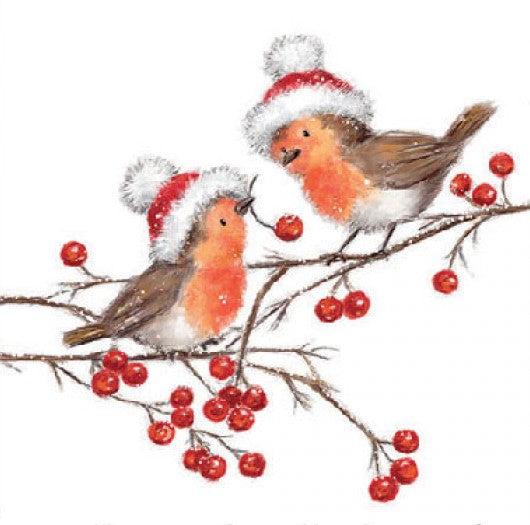 Two robins wearing red hats on branch with red berries