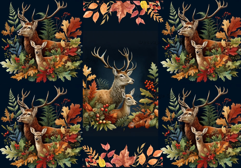 stag and deer in forest on a blue background Decoupage Creatives Rice Paper