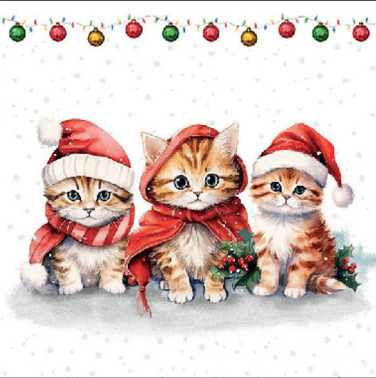 Three kittens with red Santa hats on white background from DecoupageNapkins.com