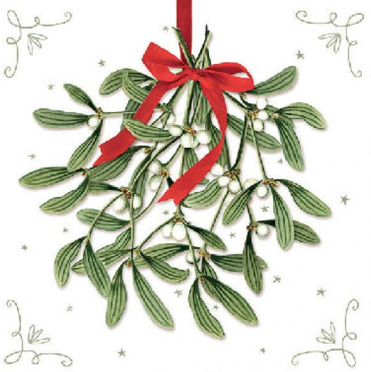 White mistletoe berries on green branch with red ribbon from DecoupageNapkins.com