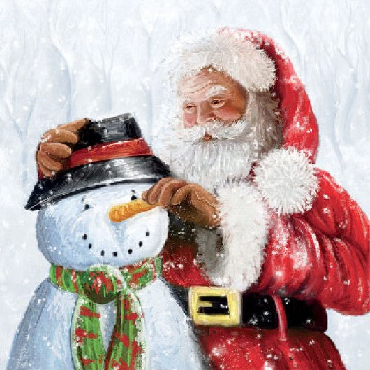 Santa and Snowman with red and green scarf in snow from DecoupageNapkins.com