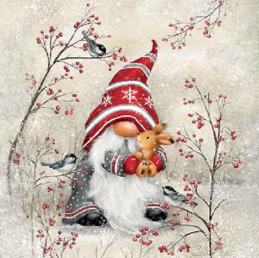 Red and grey gnome in snow with red berries from DecoupageNapkins.com